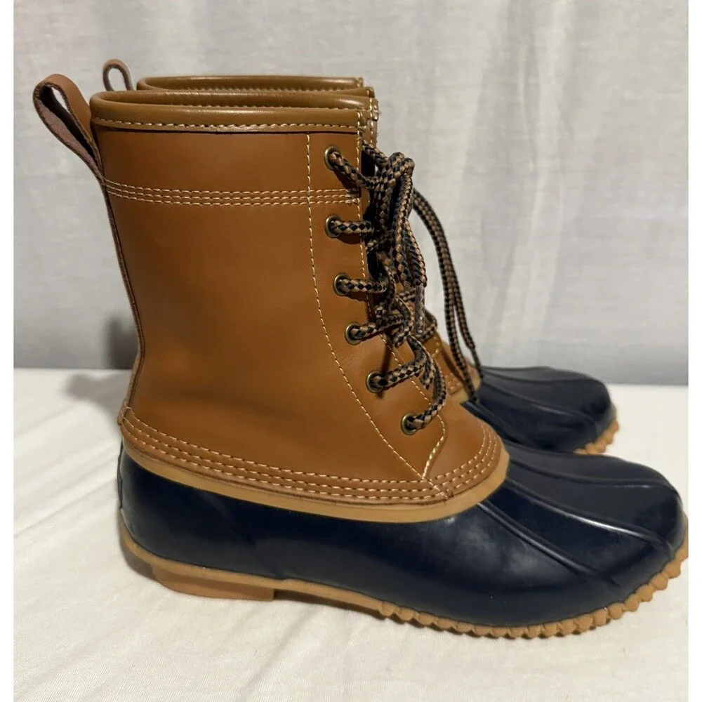 Lands End Rubber Duck Boots Waterproof Size 6 Womens Brown Navy Tan Perfect Cond